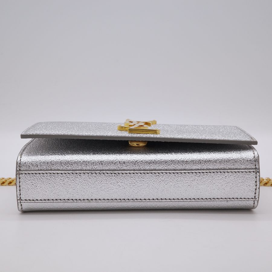 Saint Laurent 聖羅蘭 YSL Kate 小型 銀色亮面皮革 金釦 鏈條包 斜挎包-5