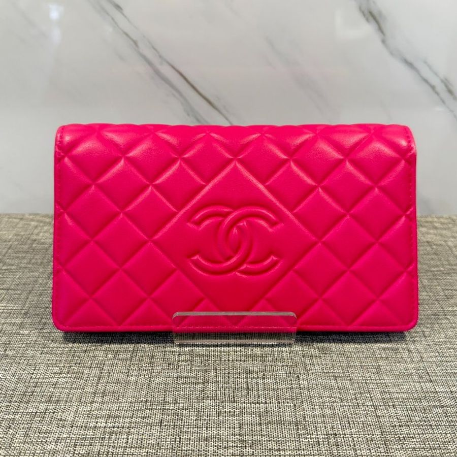 CHANEL 牛皮格紋對開長夾 桃粉-0