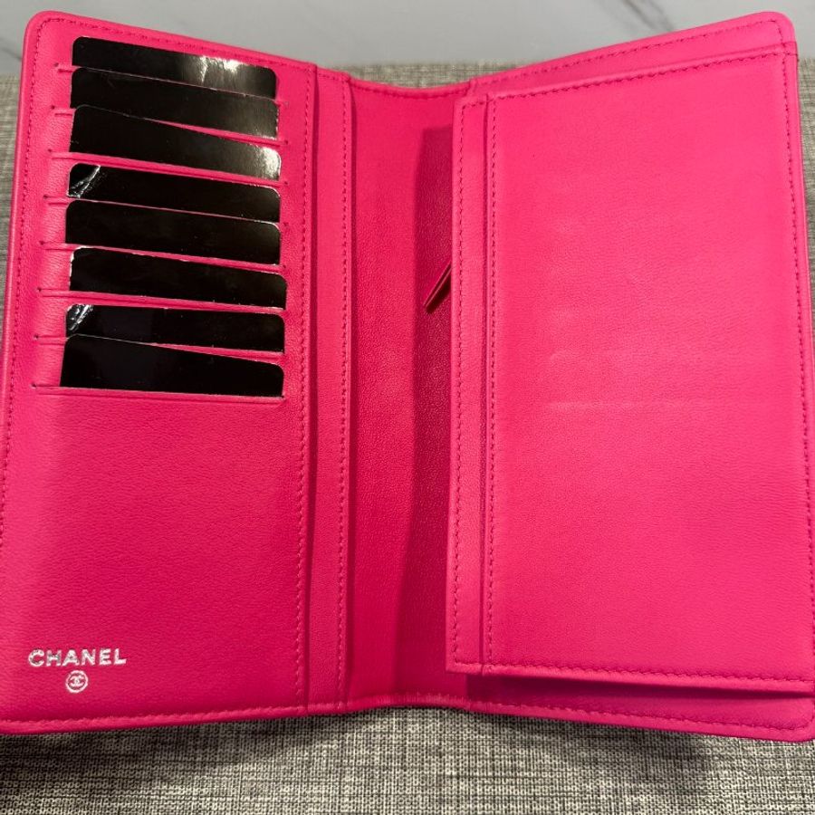 CHANEL 牛皮格紋對開長夾 桃粉-3