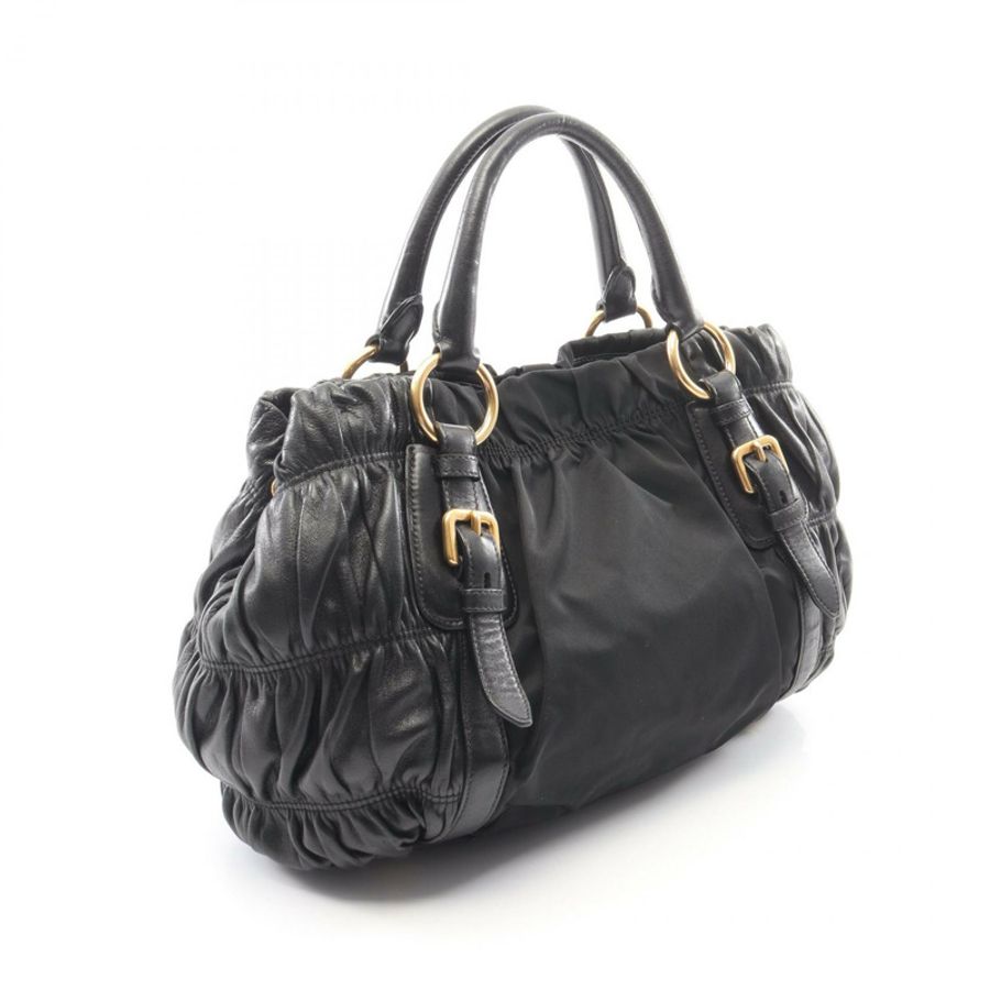 PRADA 褶皺雙肩托特包,尼龍皮革材質,黑色,金色五金,二手女款-1