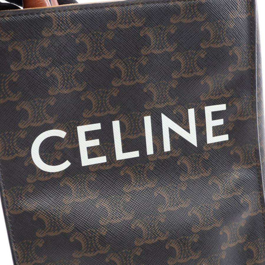 CELINE 迷你豎款 Cabas Triomphe 2WAY 手提包 194372 PVC 塗層帆布皮革 黑色 棕色 二手 女士-3