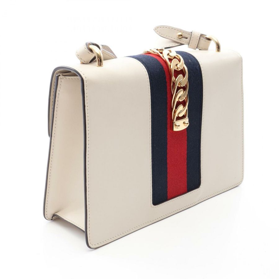 GUCCI Sylvie 小號 Web Line 單肩包 421882 皮革 白色 海軍藍 紅色 二手-1