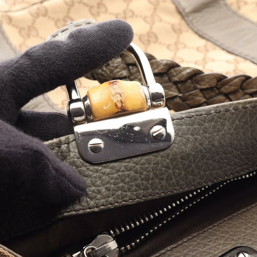 GUCCI 竹節 GG 帆布托特單肩包 232947 皮革 米色 卡其色 二手 女士-11