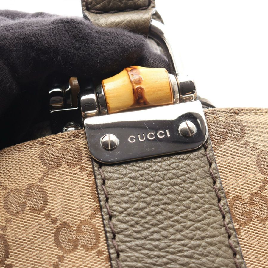 GUCCI 竹節 GG 帆布托特單肩包 232947 皮革 米色 卡其色 二手 女士-12