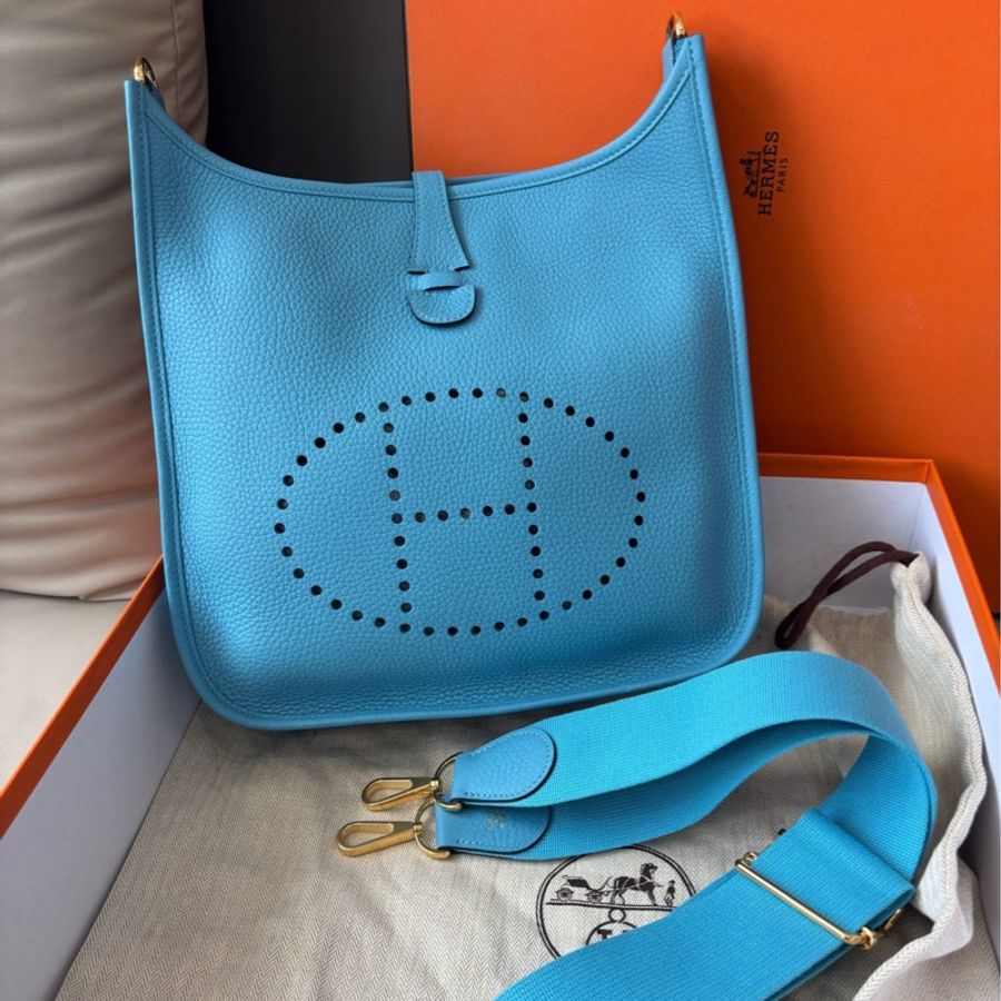 【全新品】愛馬仕Hermes 藍色金扣Evelyne29 肩帶扣原膜未摘 D刻單肩斜挎包-0