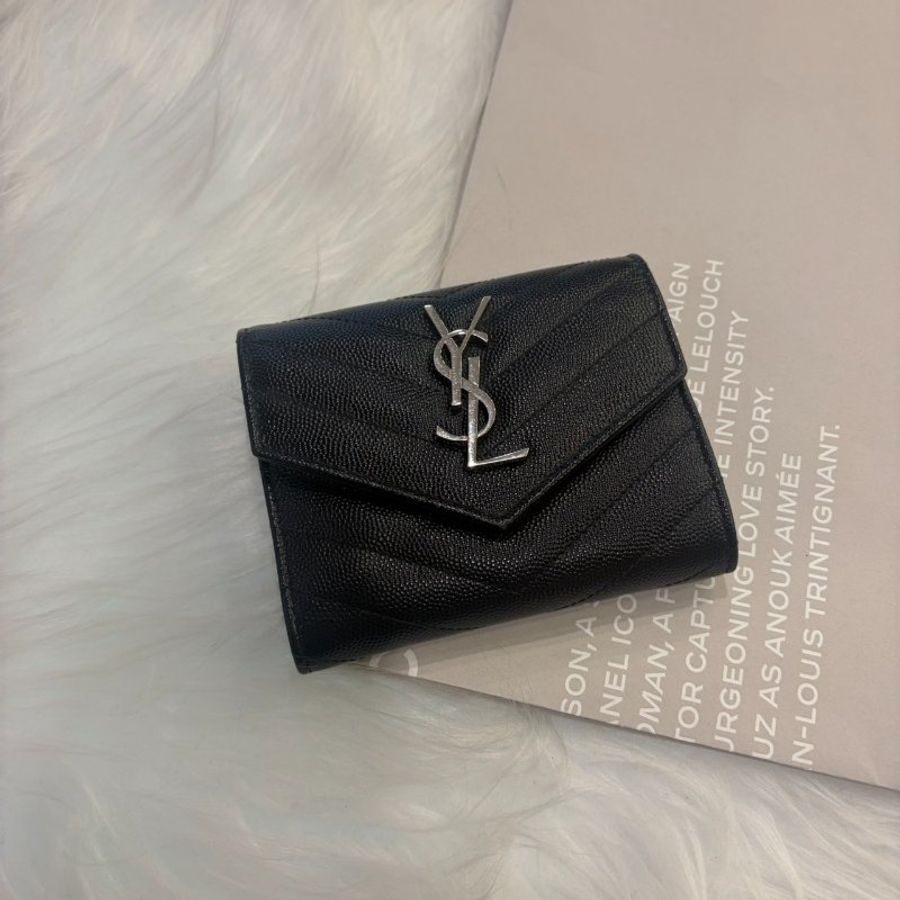 YSL 銀釦三折短夾 黑色-0