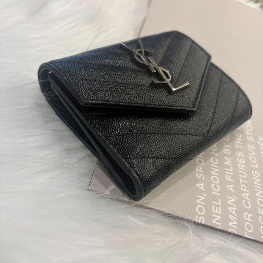 YSL 銀釦三折短夾 黑色-1