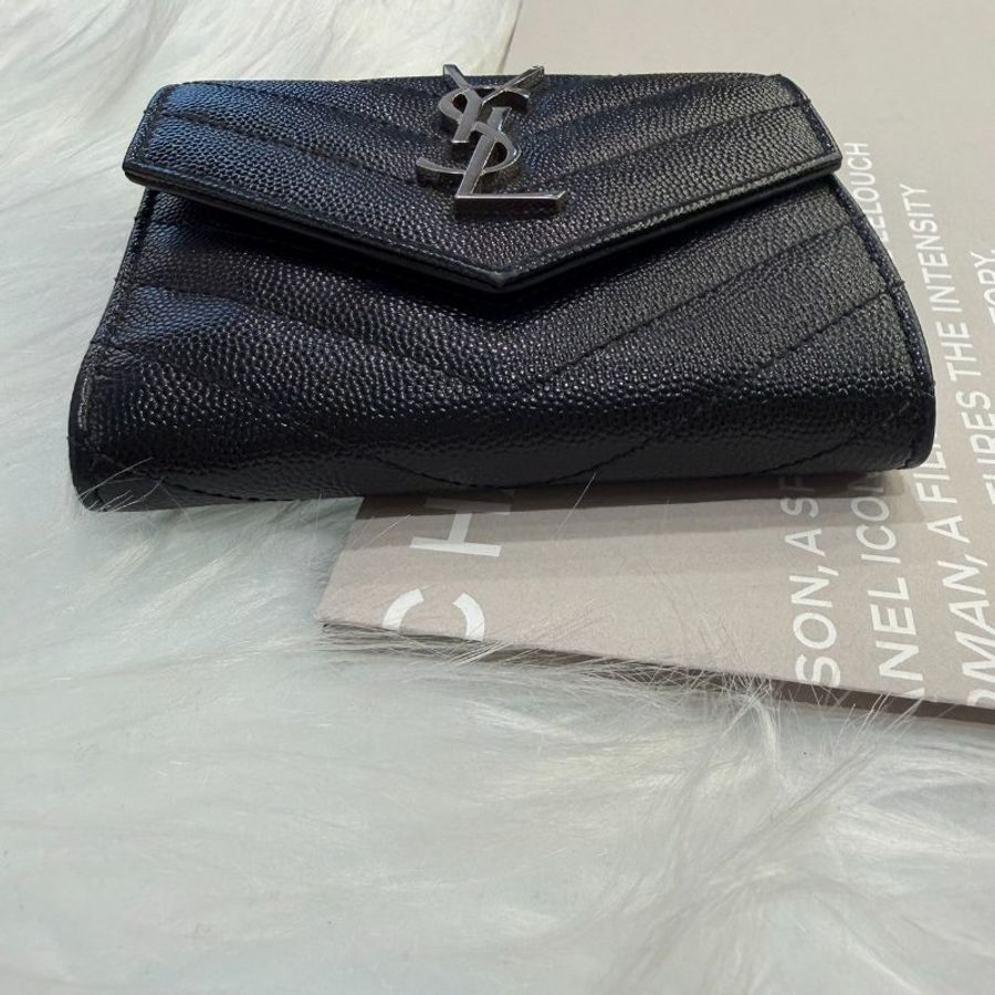 YSL 銀釦三折短夾 黑色-2