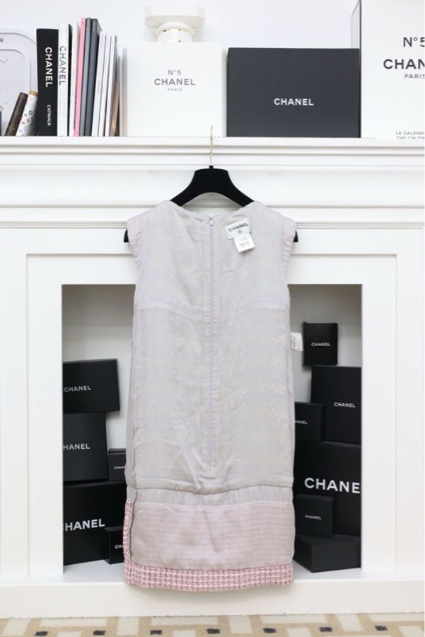 Chanel 14年绿色格纹粗花呢无袖连衣裙-5