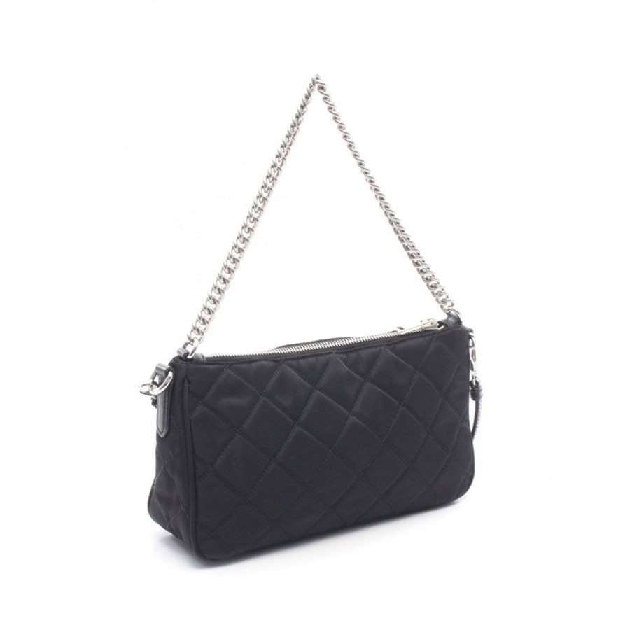 PRADA 絎縫雙肩鏈條手提包 1BH026 尼龍皮革 黑色 二手 女士-1