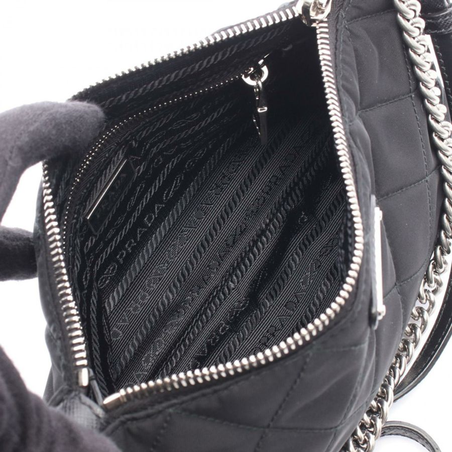 PRADA 絎縫雙肩鏈條手提包 1BH026 尼龍皮革 黑色 二手 女士-2