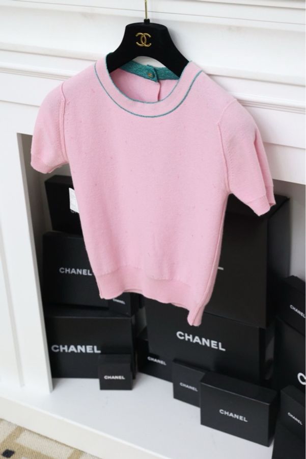 Chanel96年粉色亮片圆领针织短袖上衣-5