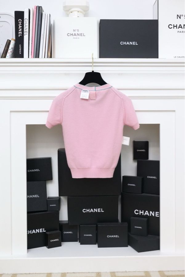 Chanel96年粉色亮片圆领针织短袖上衣-7