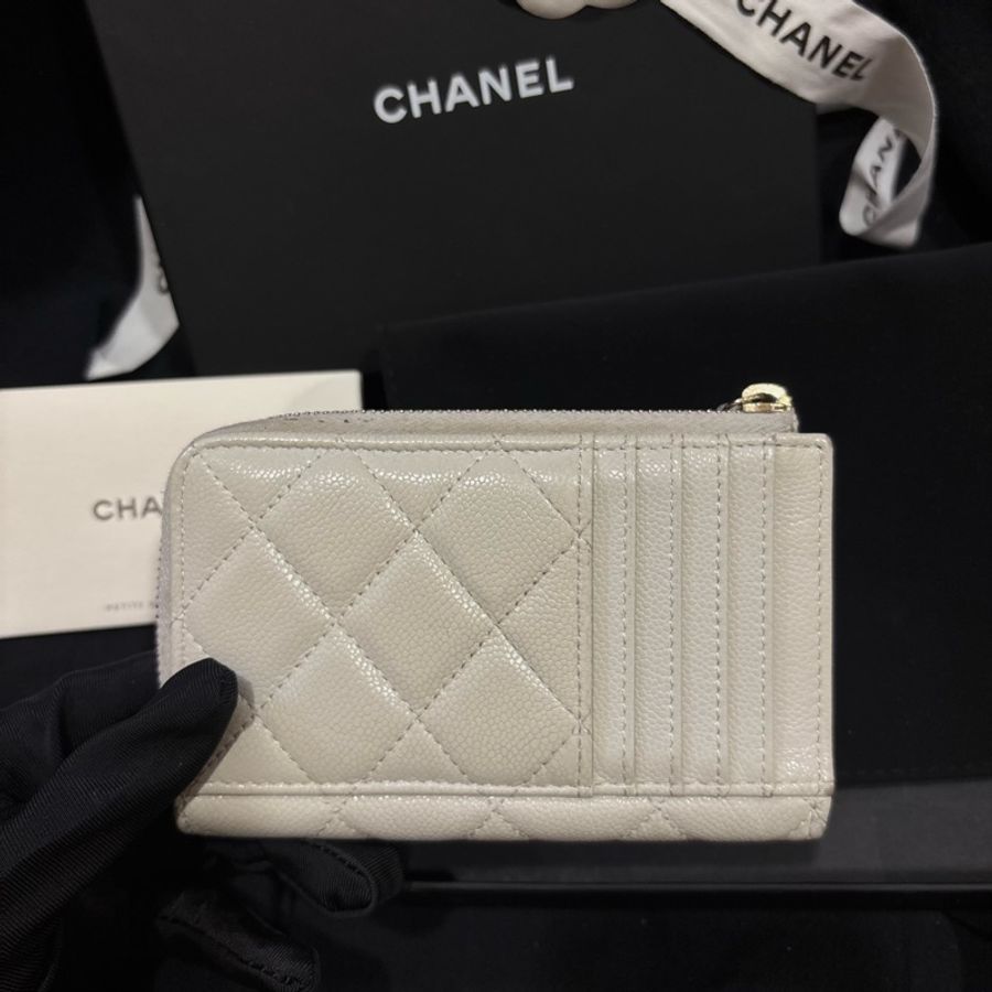 CHANEL 香奈兒CF菱格紋L型卡夾 零錢包 荔枝灰 晶片款-3