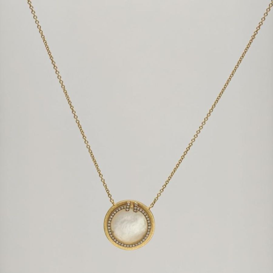 TIFFANY&CO 18K黃金鑽石T系列圓餅貝母鑲鑽項鏈大號-1