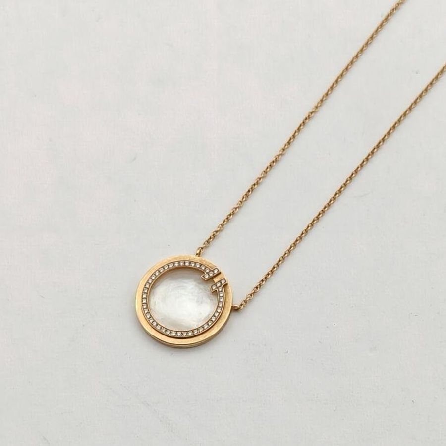 TIFFANY&CO 18K黃金鑽石T系列圓餅貝母鑲鑽項鏈大號-2