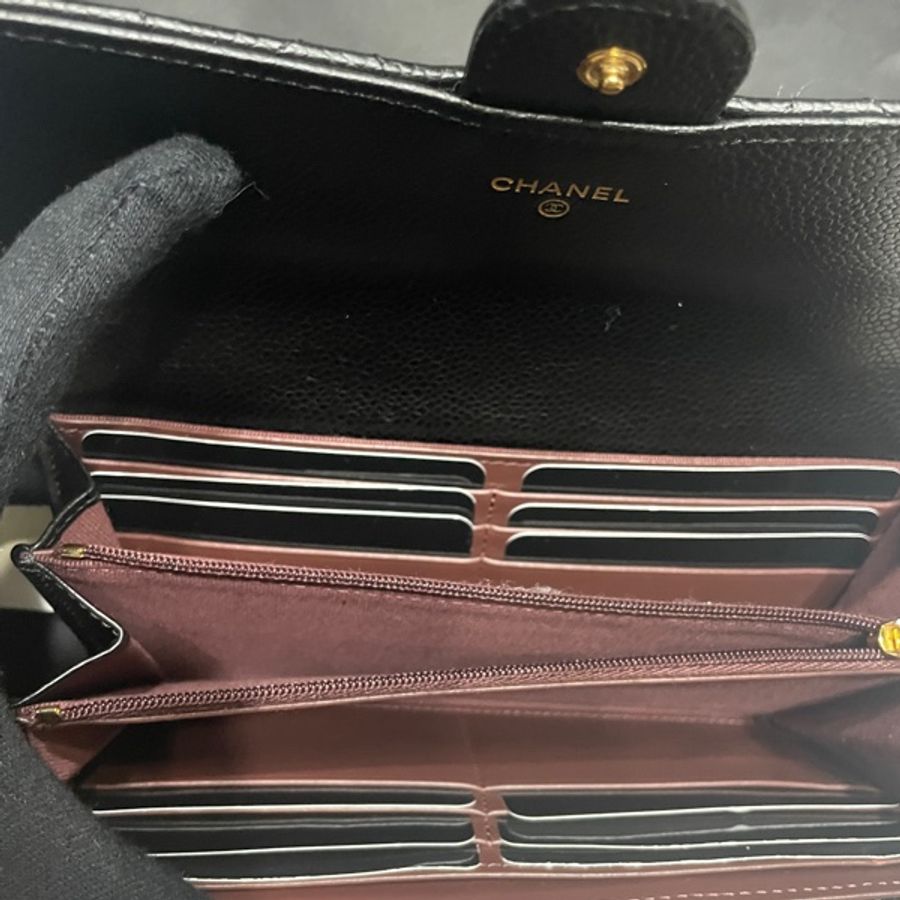 Chanel 經典雙c荔枝牛皮金扣翻蓋長夾-4