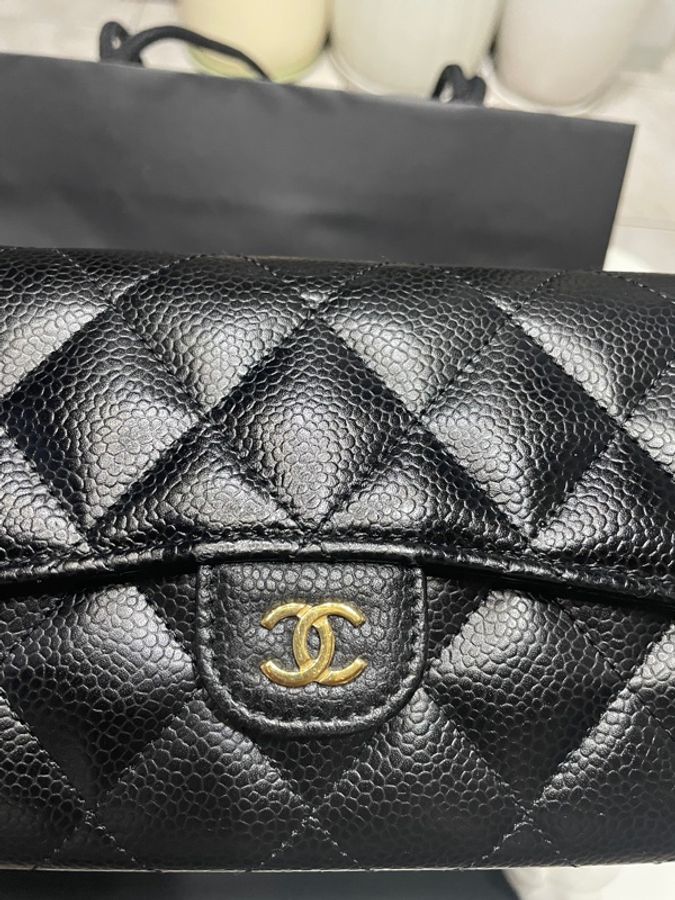 Chanel 經典雙c荔枝牛皮金扣翻蓋長夾-5
