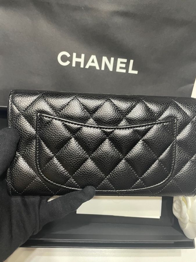 Chanel 經典雙c荔枝牛皮金扣翻蓋長夾-8