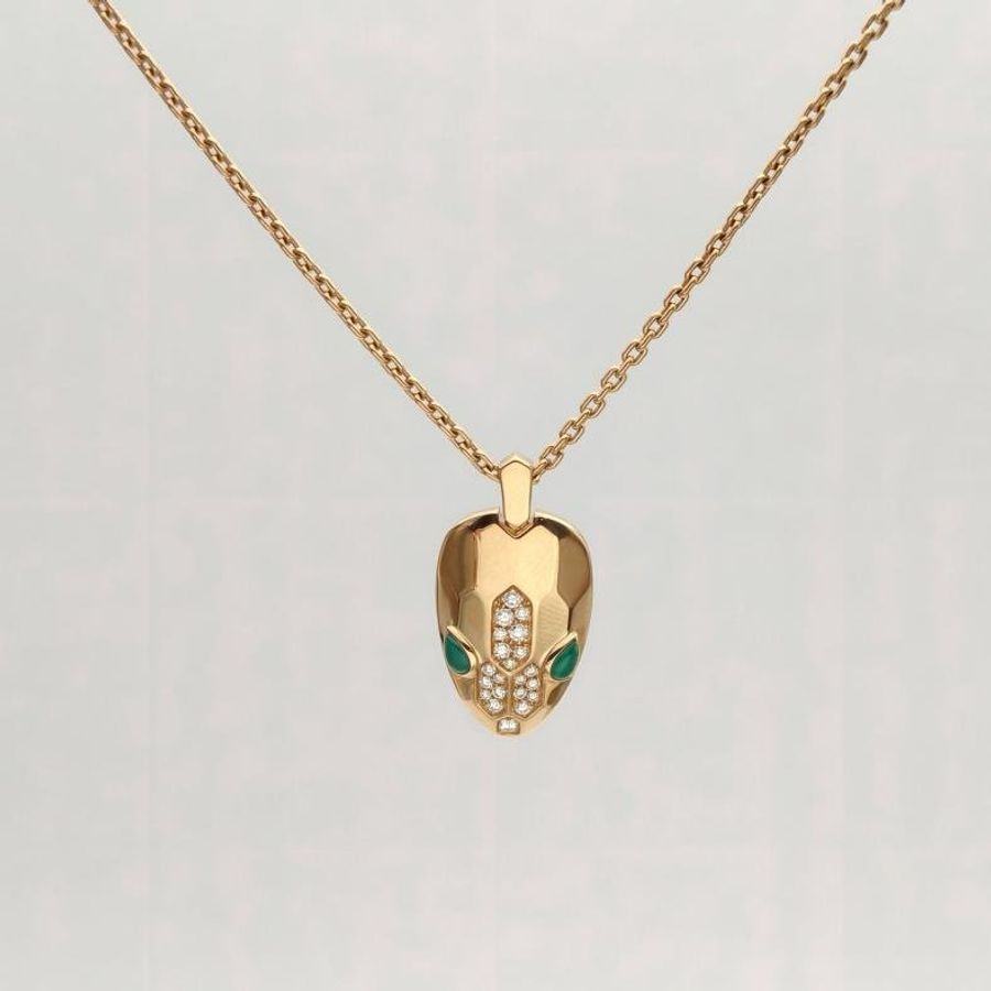 BVLGARI Serpenti系列蛇頭半鑽孔雀石項鏈18K玫瑰金/鑽石-1