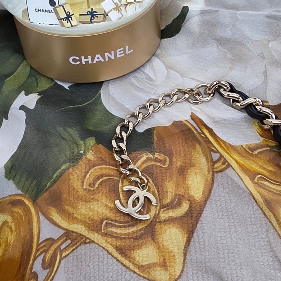閒置 漂亮CHANEL黑金琺瑯皮穿鍊造型項鍊-28