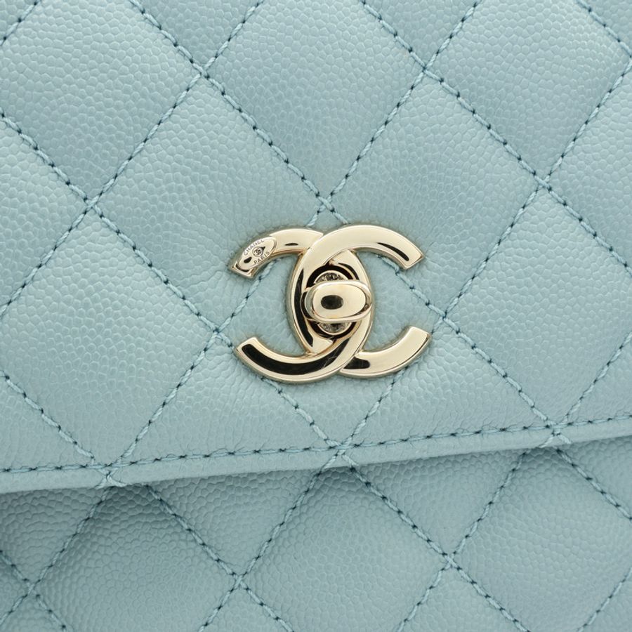 CHANEL 香奈兒 COCO Handle XS 肩背包 水藍色 荔枝紋 菱格紋牛皮 銀釦 A92990 A92990-6