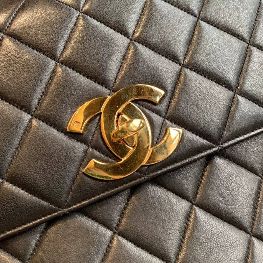 Chanel香奈兒黑金菱格紋大雙C扣方胖子鏈條包-6
