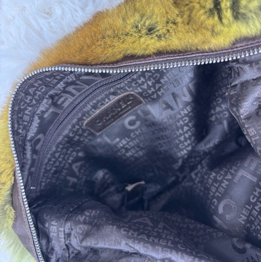 Chanel/香奈兒9開焦糖色兔毛皮草多層鏈條手拎包-8