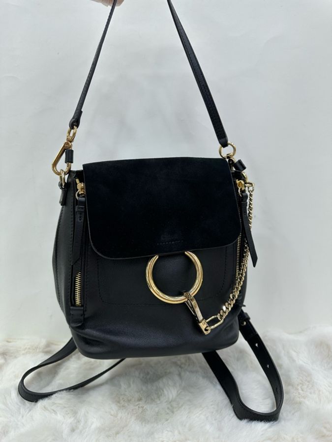 Chloe 蔻依黑色牛皮拼麂皮圓環雙肩包-5