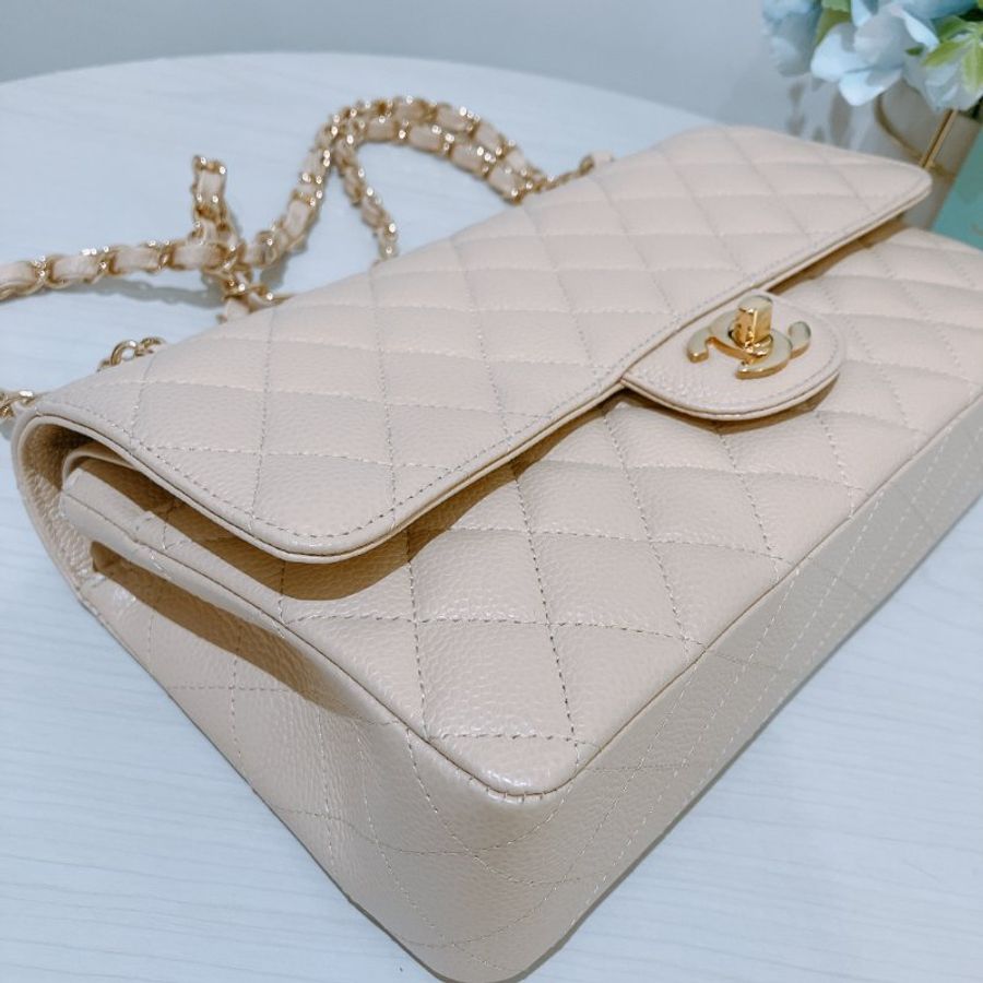 TK2117 香奈兒經典翻蓋魚子醬牛皮 杏色 單肩包 Chanel Classic Double Flap Bag 25cm Caviar Beige X GHW-5