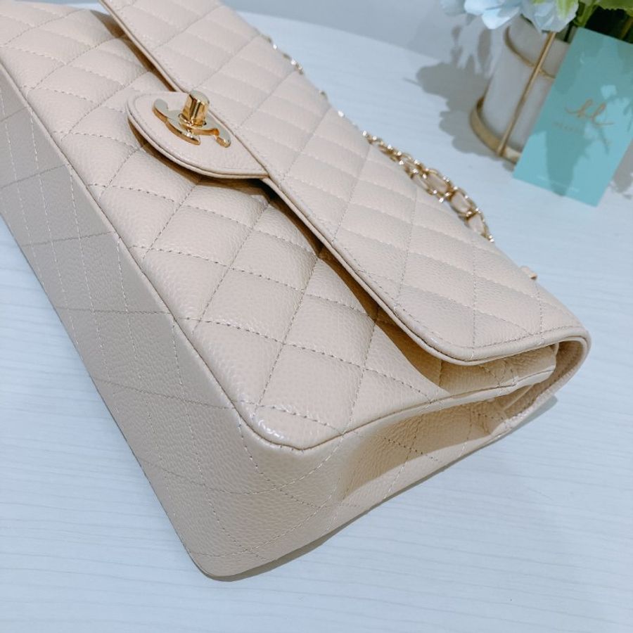TK2117 香奈兒經典翻蓋魚子醬牛皮 杏色 單肩包 Chanel Classic Double Flap Bag 25cm Caviar Beige X GHW-6