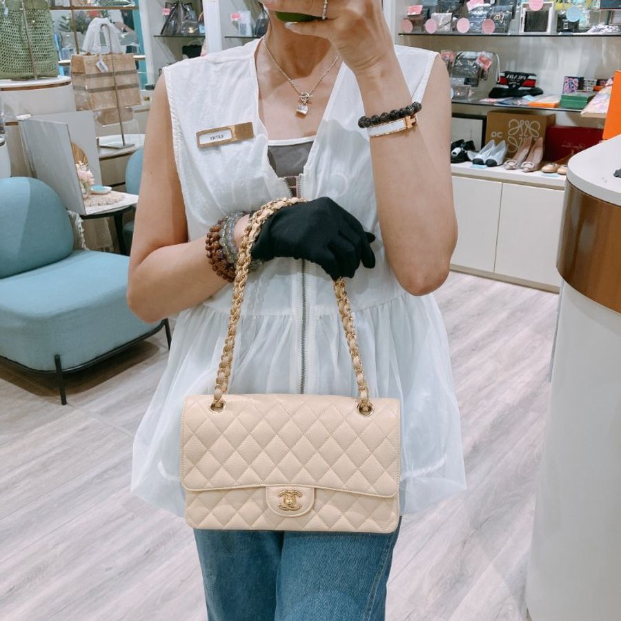TK2117 香奈兒經典翻蓋魚子醬牛皮 杏色 單肩包 Chanel Classic Double Flap Bag 25cm Caviar Beige X GHW-8