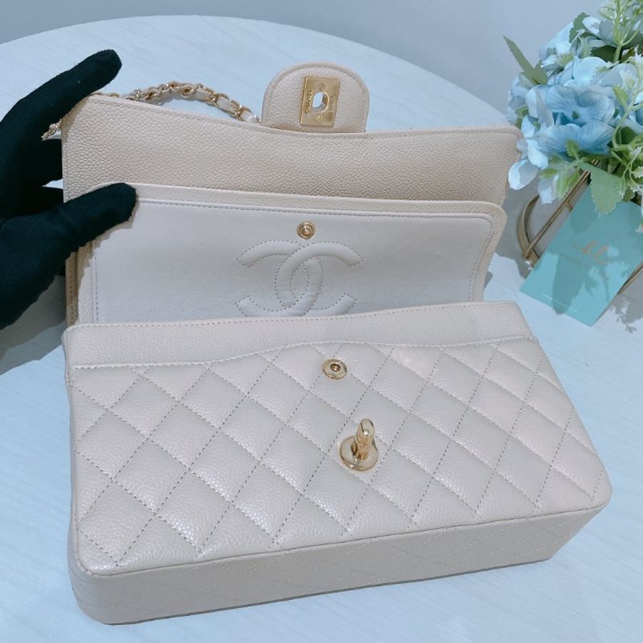TK2117 香奈兒經典翻蓋魚子醬牛皮 杏色 單肩包 Chanel Classic Double Flap Bag 25cm Caviar Beige X GHW-14