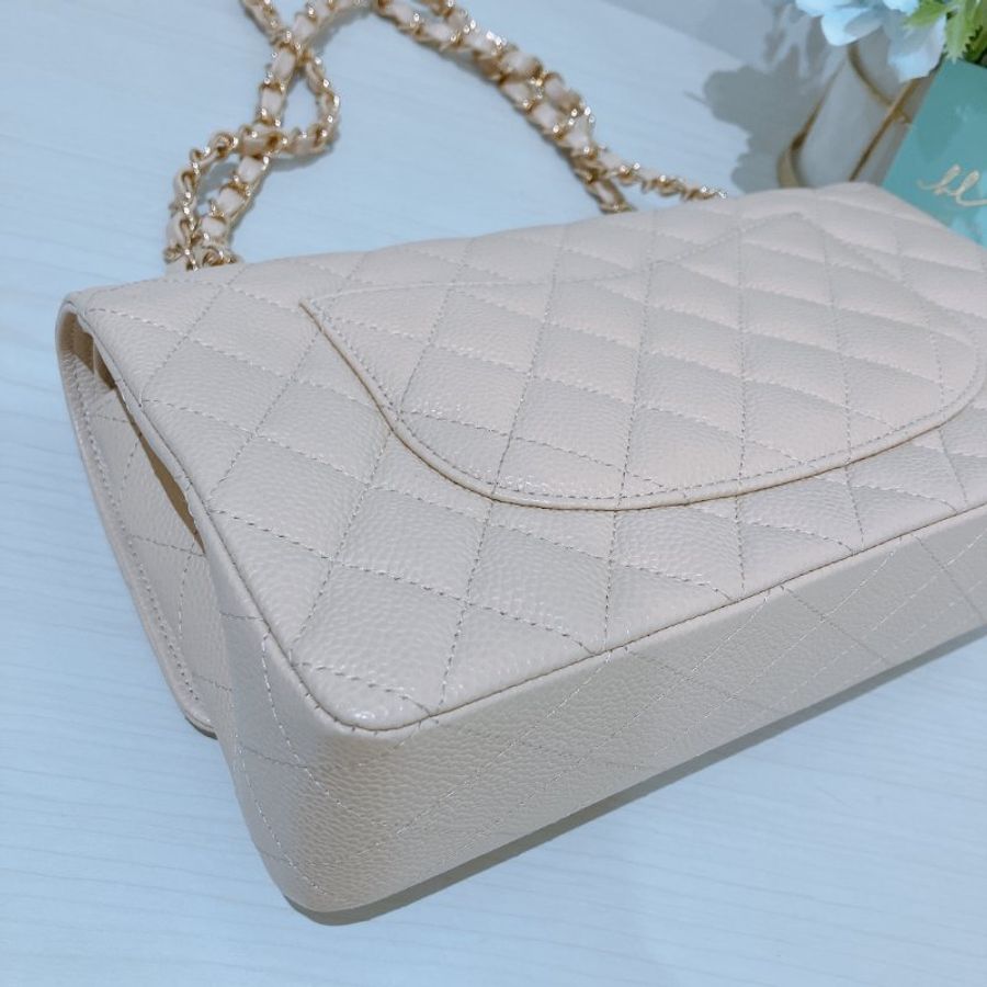 TK2117 香奈兒經典翻蓋魚子醬牛皮 杏色 單肩包 Chanel Classic Double Flap Bag 25cm Caviar Beige X GHW-20