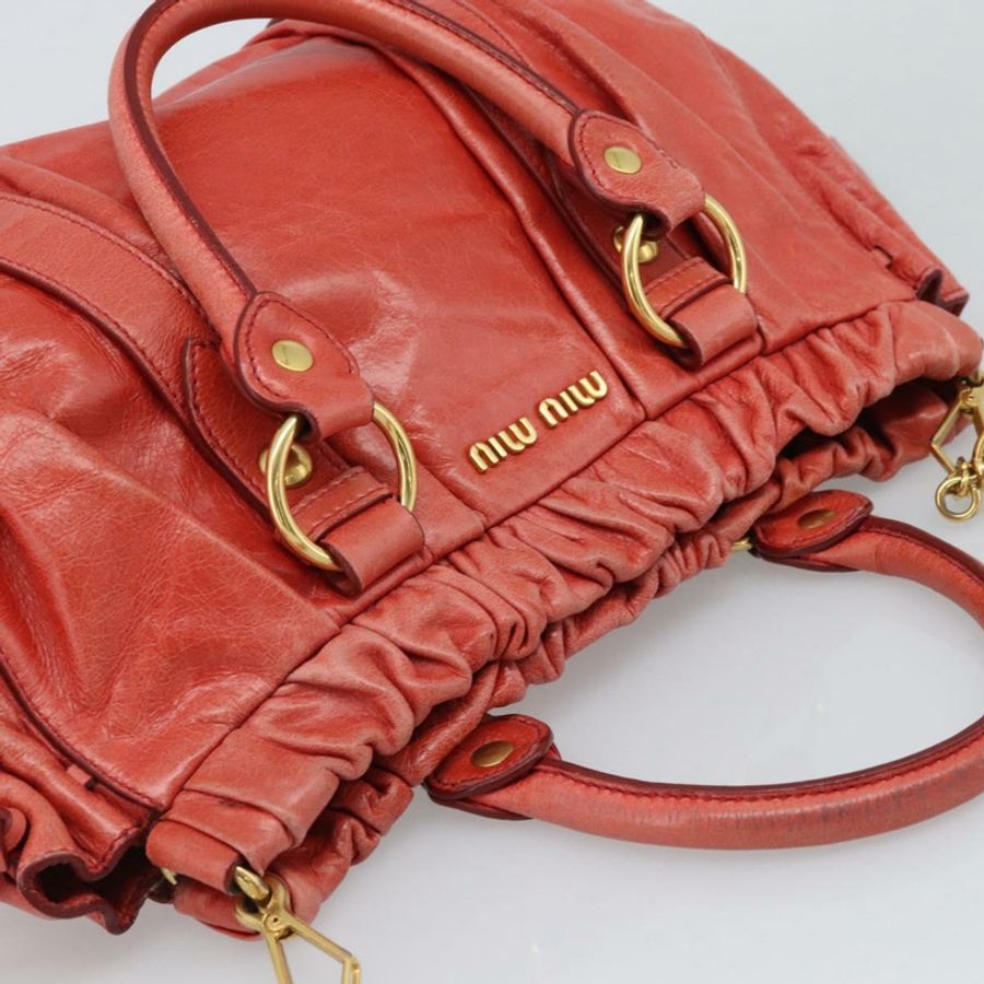 【日本直送】Miu Miu 側邊絲帶手提包 皮革 2way 橙色金色 Auth am12203V-5