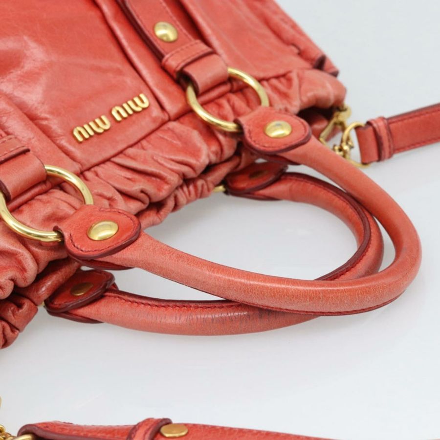 【日本直送】Miu Miu 側邊絲帶手提包 皮革 2way 橙色金色 Auth am12203V-6