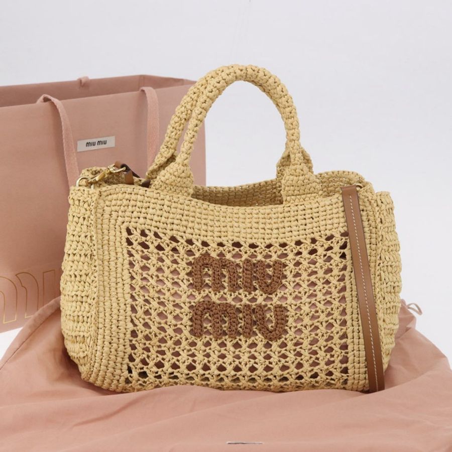 【日本直送】Miu Miu 編織手提包 拉菲草 兩用 米色 金色調 正品 ki6738M-11