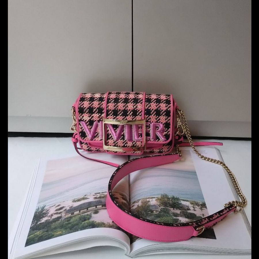 Roger Vivier 粉黑毛呢格斜背口蓋包-0