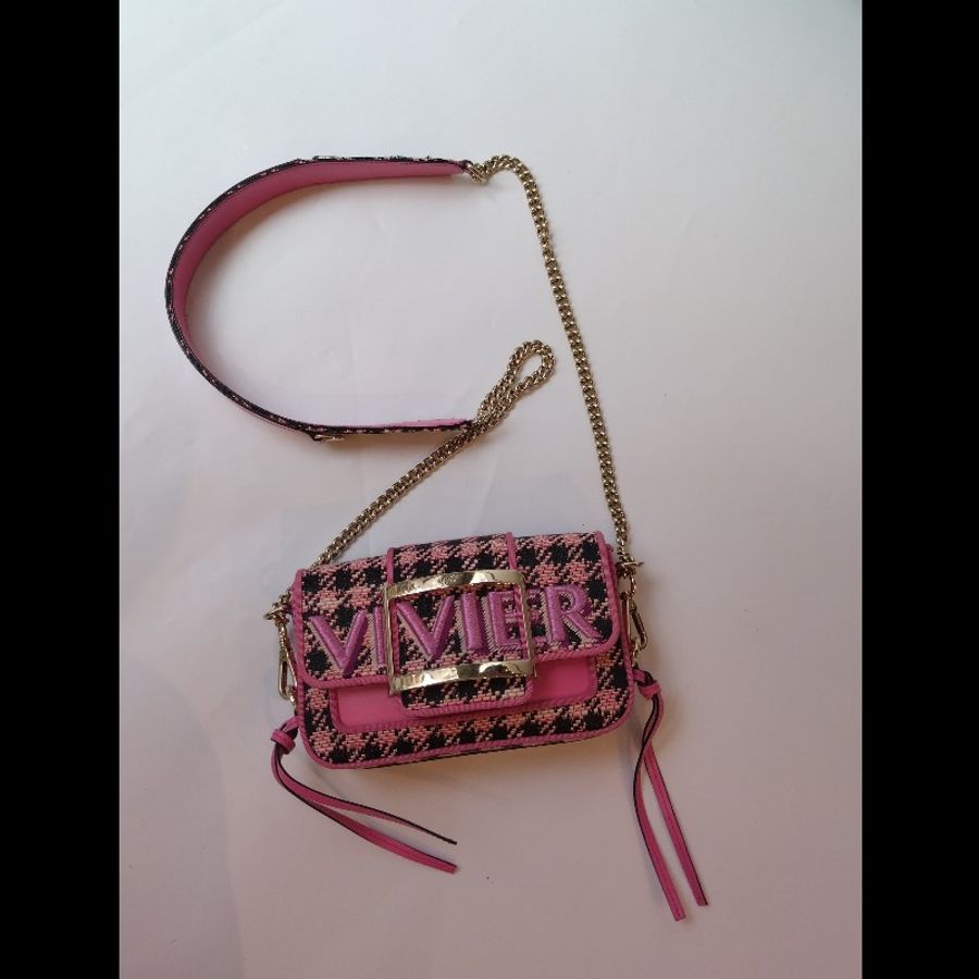 Roger Vivier 粉黑毛呢格斜背口蓋包-1