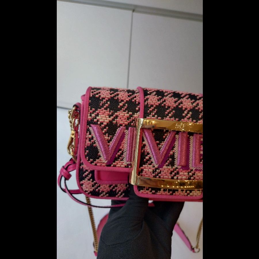 Roger Vivier 粉黑毛呢格斜背口蓋包-5