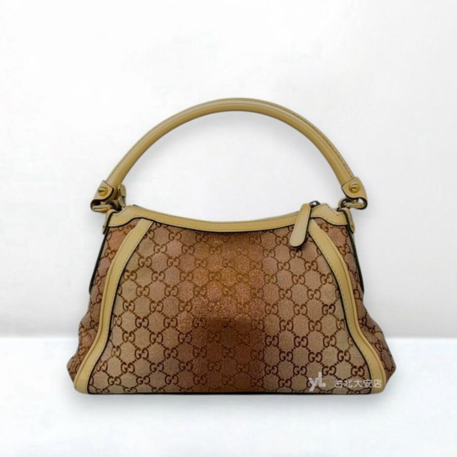 A13402-Gucci 緹花布金絲漸變拚米色牛皮小號腋下包 282298-0
