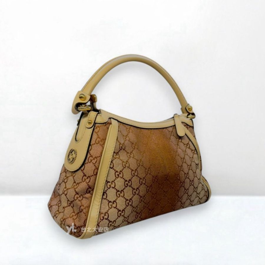 A13402-Gucci 緹花布金絲漸變拚米色牛皮小號腋下包 282298-1