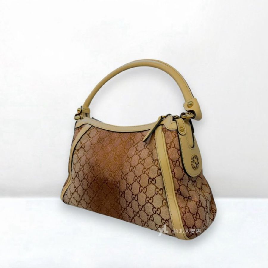 A13402-Gucci 緹花布金絲漸變拚米色牛皮小號腋下包 282298-2