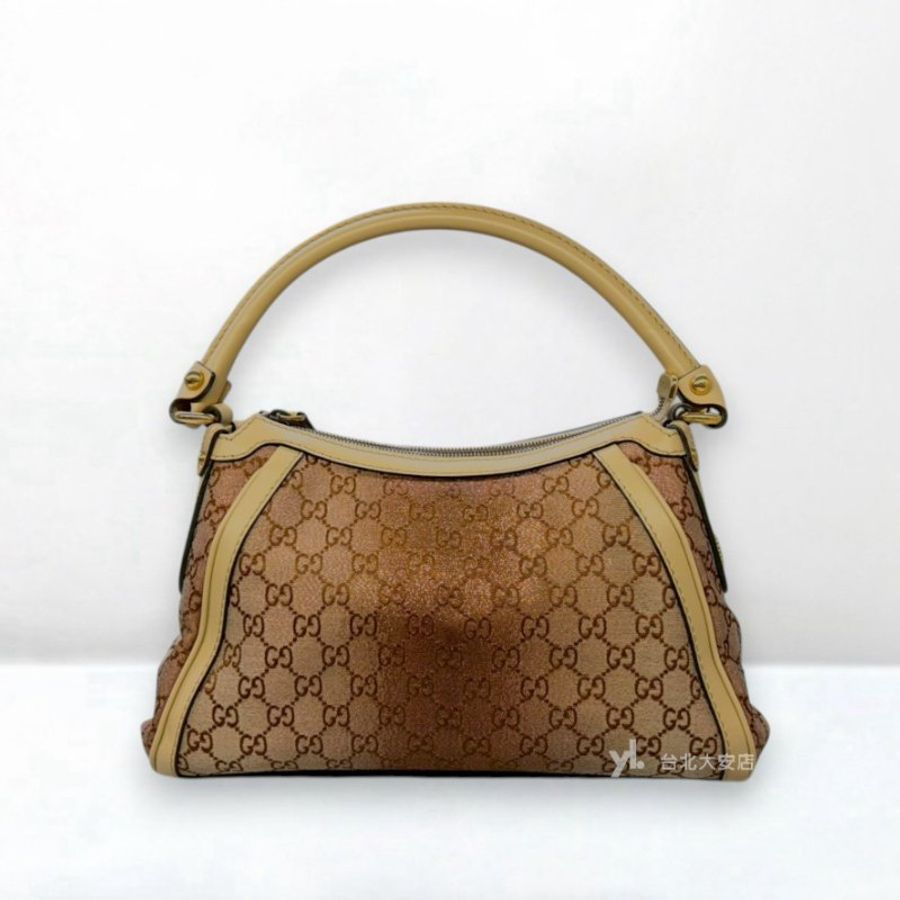 A13402-Gucci 緹花布金絲漸變拚米色牛皮小號腋下包 282298-3