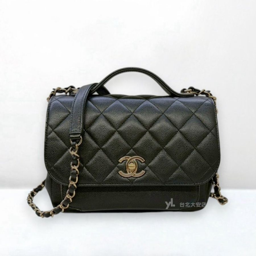 A13403-Chanel 黑荔枝皮淡金釦中號郵差包 A93607-0