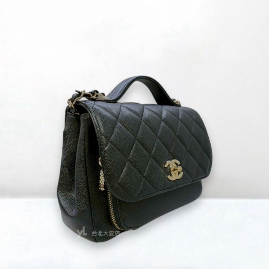 A13403-Chanel 黑荔枝皮淡金釦中號郵差包 A93607-1