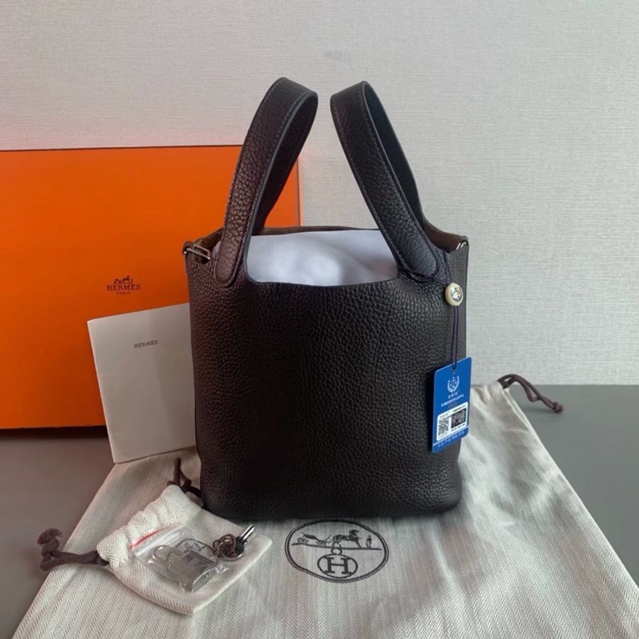 愛馬仕烏木色銀扣菜籃子Picotin18 z刻 tc皮🈶22年購證 近全新 五金帶膜 全配🈶鑰匙鎖-0
