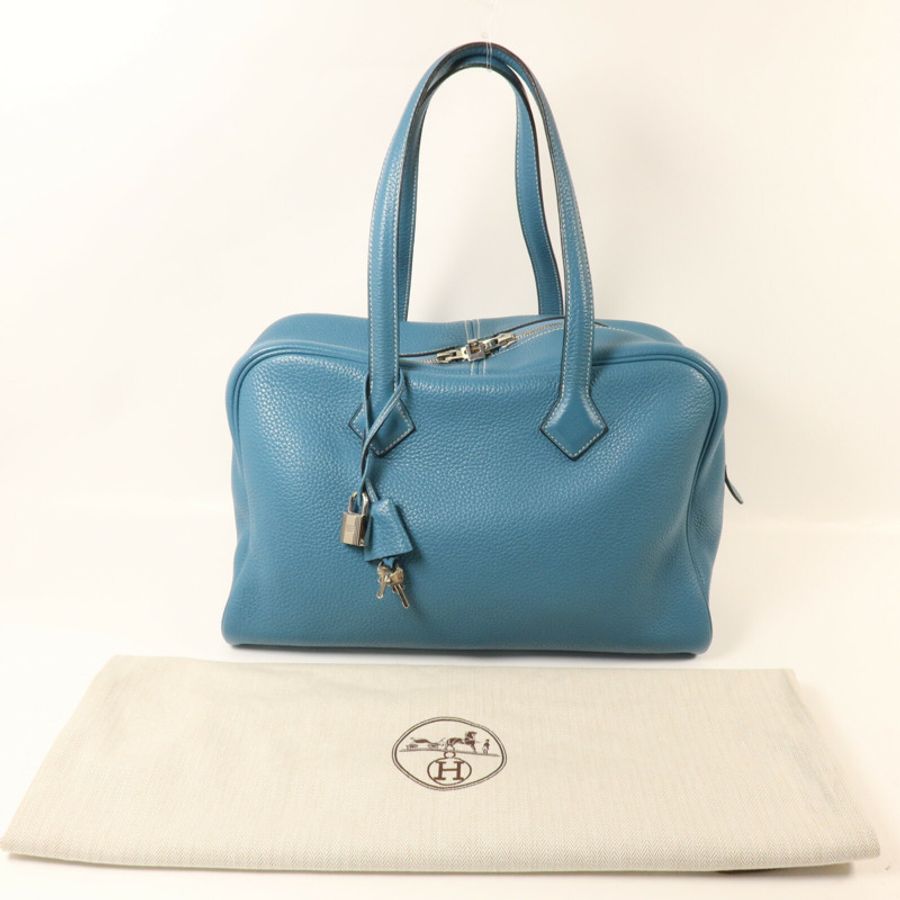 HERMES Clemence皮革Victoria 35手挽袋Bleu Jean-8