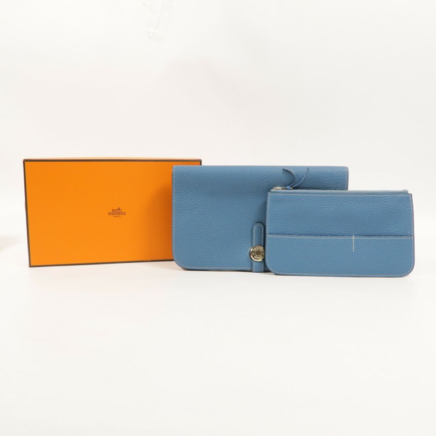 HERMES Clemence皮革Dogon GM長錢包Bleu Jean-10