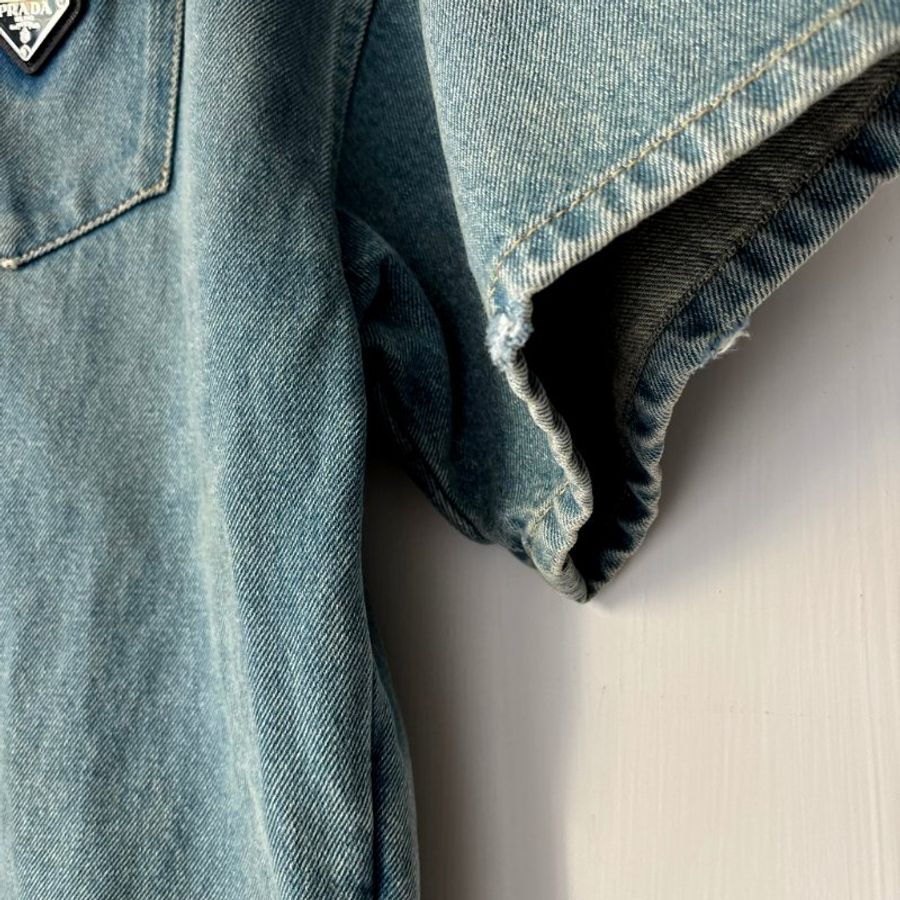 38號 ::Prada:: 經典三角牌 水洗丹寧牛仔連身短褲 連身褲 連衣褲 2022 Medium Wash Denim Button Up Romper-13